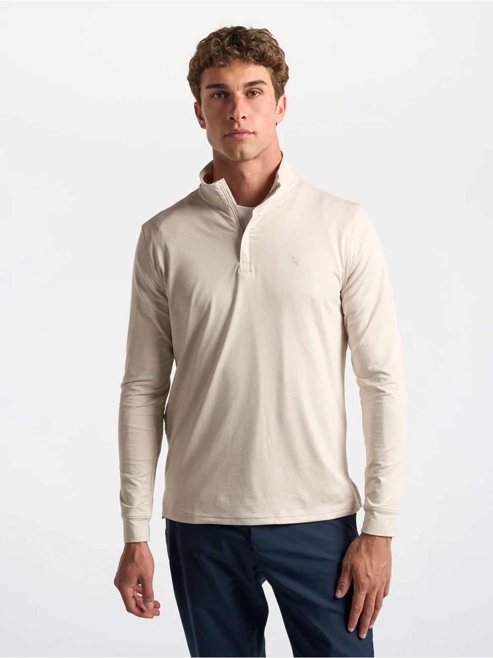 Birddogs Long-Sleeve Quarter-Placket Polo Shirt in Cream beige heather